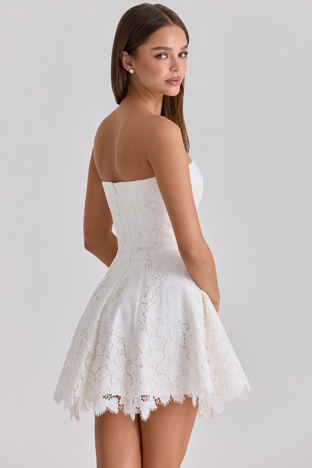 white strapless custom lace broderie anglaise mini dress