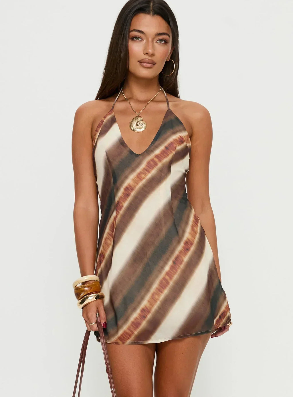 Esmira Halter Mini Dress Brown Stripe