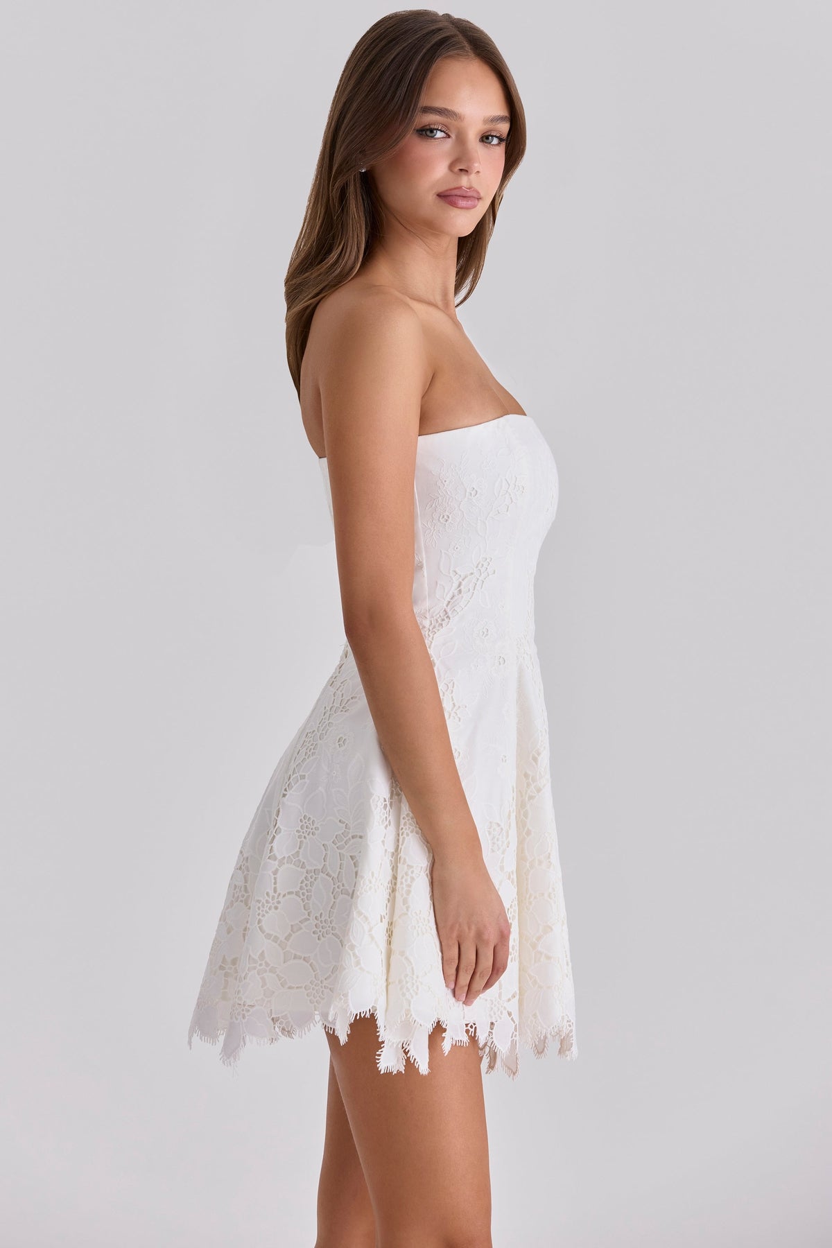 white strapless custom lace broderie anglaise mini dress